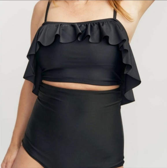 NWT June Loop S Mary Swim Top Bikini Black Ruffle Long Line Modest - Picture 2 of 6